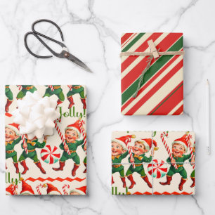 Feuille De Papier Cadeau Retro Holly Jolly Elves de Noël