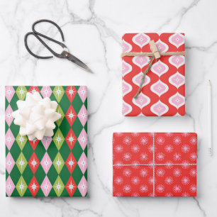 Feuille De Papier Cadeau Retro Mid Century Rouge, Rose et Vert Noël