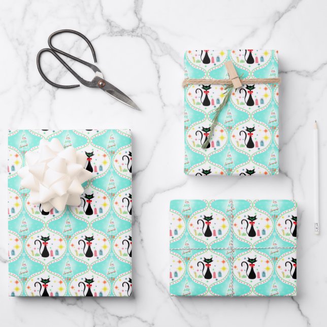 Feuille De Papier Cadeau Retro Noël Siamese Chat Ogee Motif (Recto)