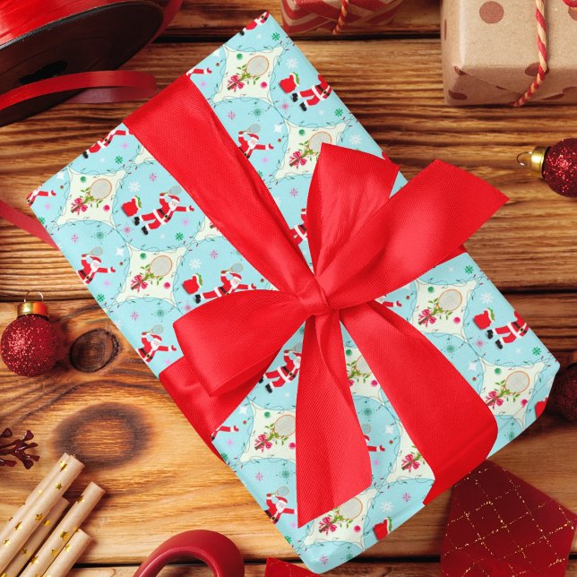 Feuille De Papier Cadeau Retro Père Noël Jouer Tennis Ogee Motif (Créateur téléchargé)
