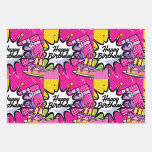 Feuille De Papier Cadeau Retro Pop Art - Joyeux anniversaire conçu
