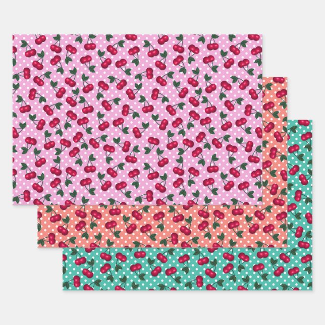 Feuille De Papier Cadeau Retro Rockabilly Cherries sur les Pois (Lot)