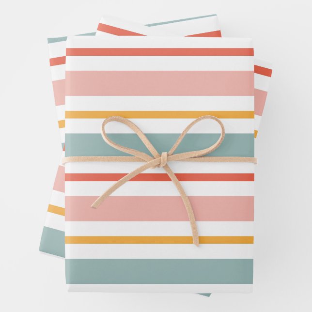 Feuille De Papier Cadeau Retro Summer Pastel Striped Pink Mint And Mustard  (En situation)