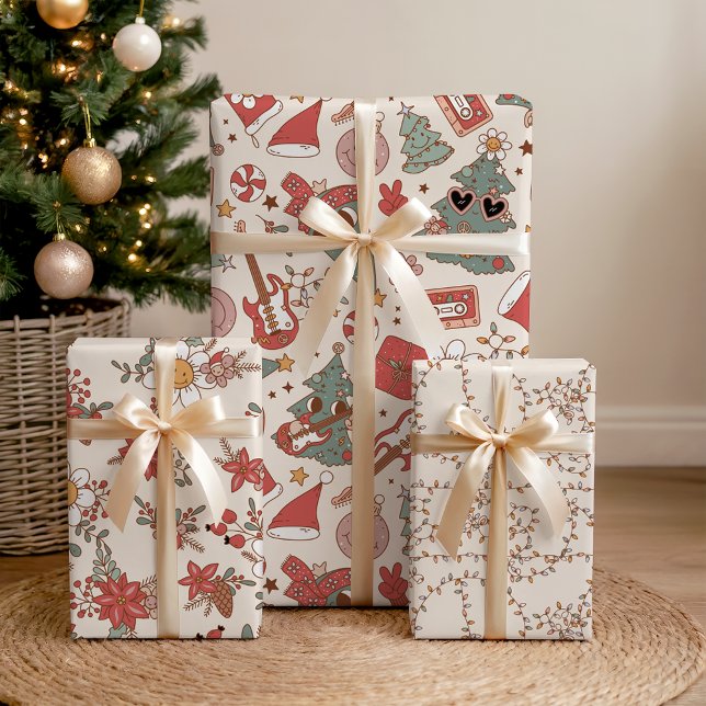 Feuille De Papier Cadeau Retro Super Holiday Rock 'N Roll Peace Tree (Créateur téléchargé)