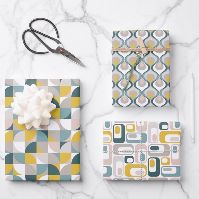 Feuille De Papier Cadeau RetroMod Patterns Aqua Teal Blue Blush Pink Yellow (Recto)