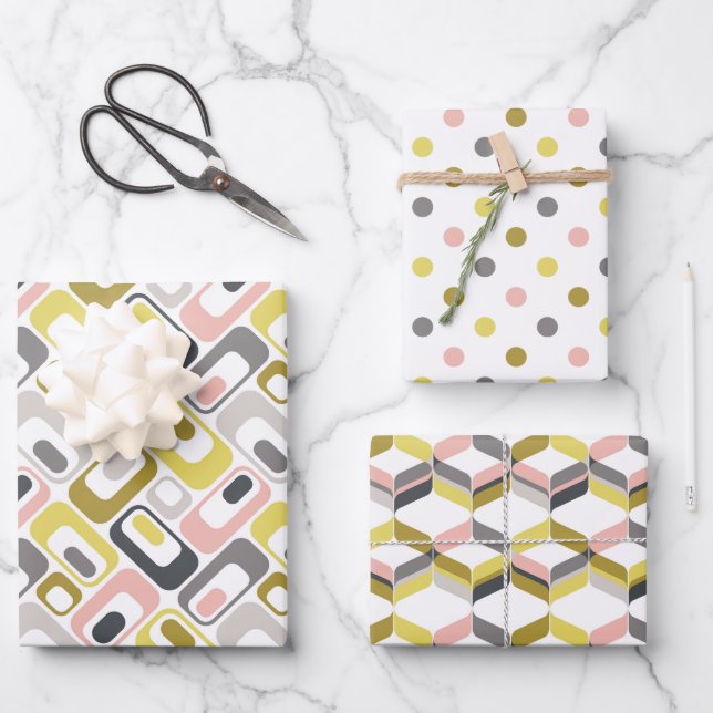 Feuille De Papier Cadeau RetroMod Patterns Mustard Yellow Pink Grey Taupe  (Recto)