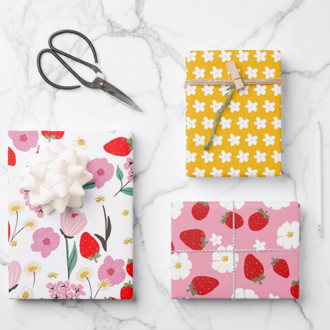 Feuille De Papier Cadeau Rêve de Fraise Floral Amusant (Recto)