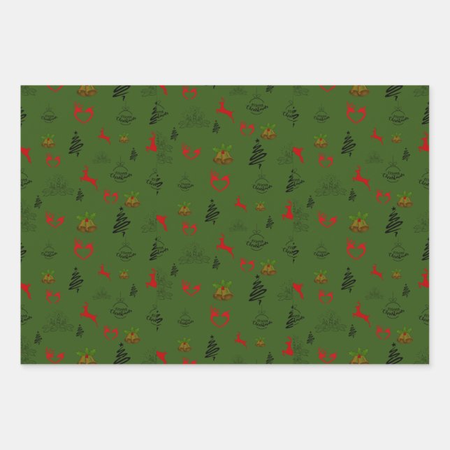 Feuille De Papier Cadeau Rindeer rouge vert et or (Devant)