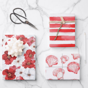 Feuille De Papier Cadeau Riviera française Fleurs rouges Rayures Coquillage