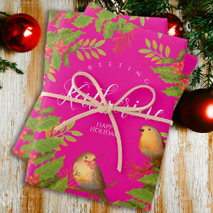 Feuille De Papier Cadeau Robin Birds Holly Berry Hot Rose