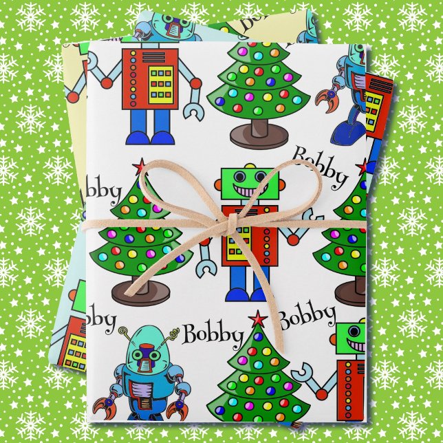 Feuille De Papier Cadeau Robot Christmas Ajouter Nom du garçon 3 mignonne (Créateur téléchargé)