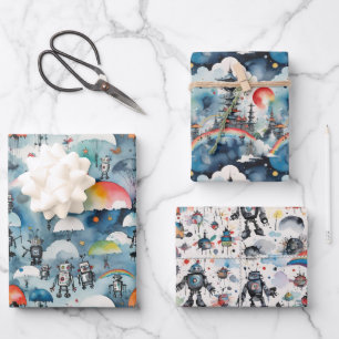 Feuille De Papier Cadeau Robots Sci-Fi Rétro Dans L'Espace