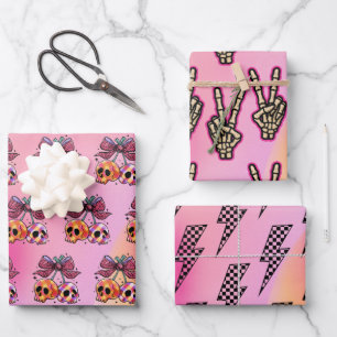 Feuille De Papier Cadeau Rock n Roll Crânes roses Skeleton Halloween main