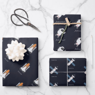 Feuille De Papier Cadeau Rockets Système solaire Astronaut Satellite 3 pièc