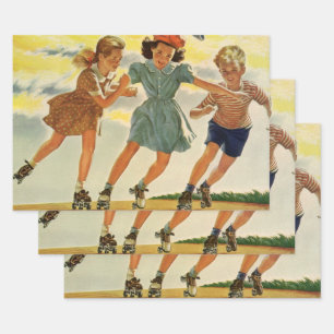 Feuille De Papier Cadeau Roller vintage Patinage amusant Enfants Garçons et