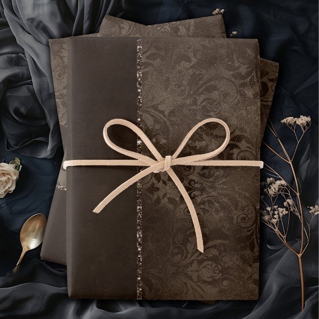 Feuille De Papier Cadeau Romance en bronze de minuit | Satiny Grunge Damask (Créateur téléchargé)