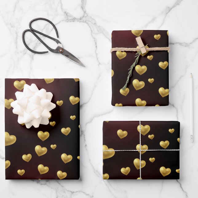 Feuille De Papier Cadeau Romantic Golden Heart Premium Gift Wrap (Recto)