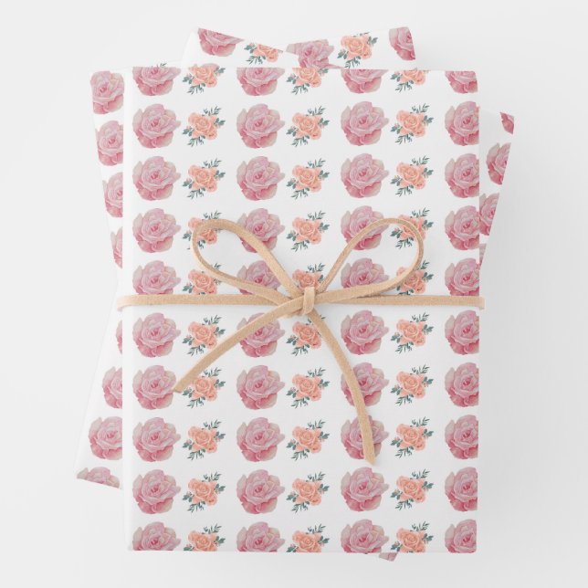 Feuille De Papier Cadeau Romantic Pink Roses and Peach Blossoms  (En situation)