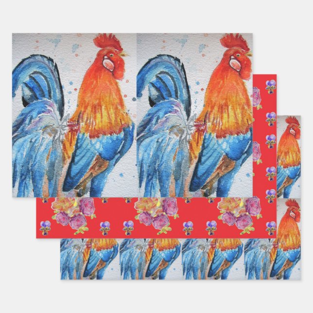 Feuille De Papier Cadeau Rooster Red Chicken Cockerel Bird Aquarelle Art (Lot)