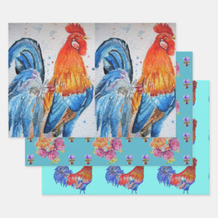 Feuille De Papier Cadeau Rooster Red Chicken Cockerel Bird Aquarelle Art