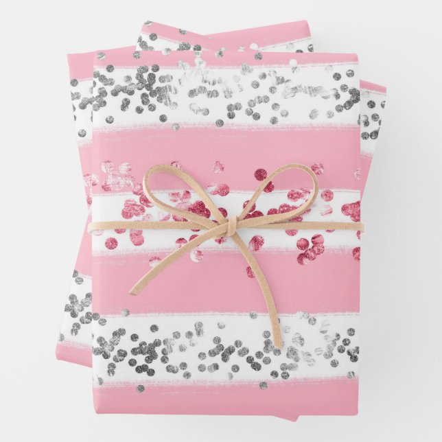 Feuille De Papier Cadeau Rose Blanc Gris Pailleté Anniversaire Baby Shower (En situation)
