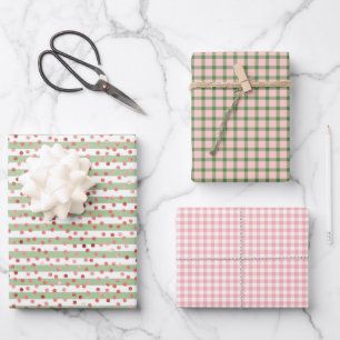 Feuille De Papier Cadeau Rose Blanc Vert Carreaux Rayures Fille Anniversair