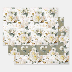 Feuille De Papier Cadeau Rose blanche or romantique Floral