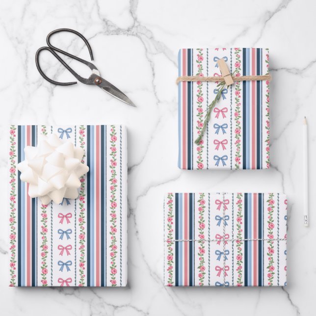 Feuille De Papier Cadeau Rose Bleu Coquette Nœud Bébé Shower de Naissance A (Recto)