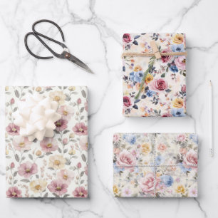 Feuille De Papier Cadeau Rose Bleu Jaune Violet Floral Vintage Chic