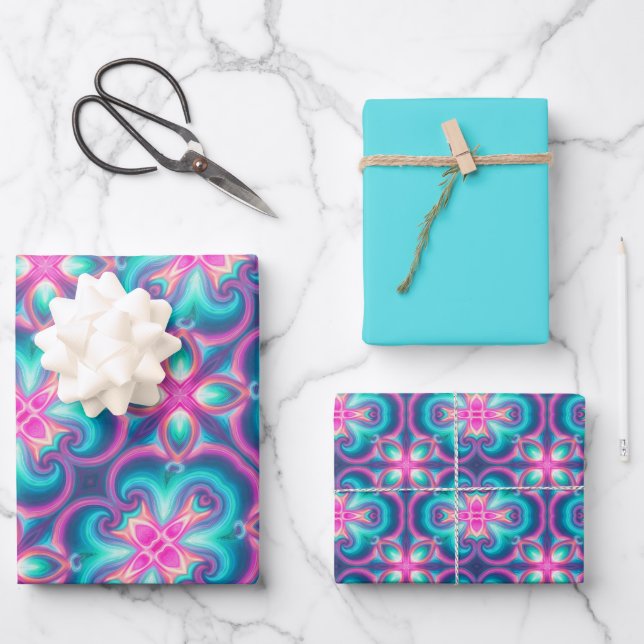 Feuille De Papier Cadeau Rose, Bleu, Vert & Motif orange (Recto)