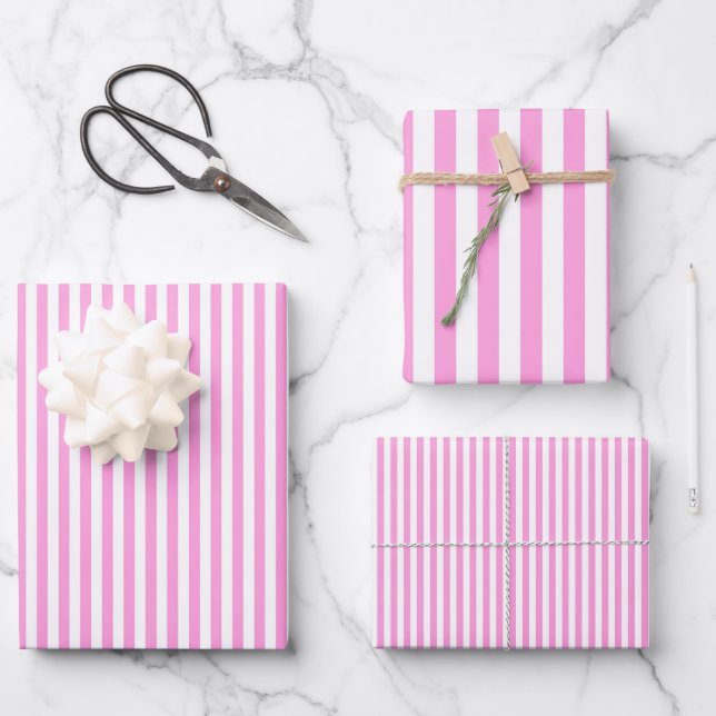 Feuille De Papier Cadeau Rose Bubblegum et Rayures Blanches (Recto)