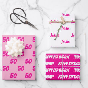 Feuille De Papier Cadeau ROSE CHAUD 50e Anniversaire Nom Personnalisé