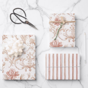 Feuille De Papier Cadeau Rose Crème Blanc Fleurs Rayures Enterrement de Vie