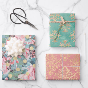 Feuille De Papier Cadeau Rose damas à fleurs victoriennes fleur de lis élég