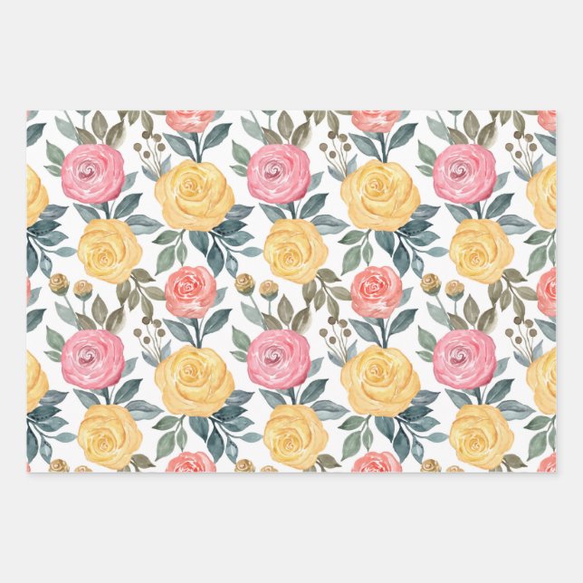 Feuille De Papier Cadeau Rose d'aquarelle rose et jaune (Devant)