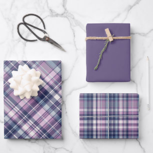 Feuille De Papier Cadeau Rose doux, violet et plaid bleu