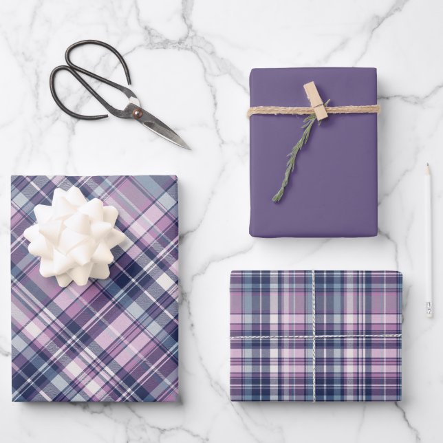Feuille De Papier Cadeau Rose doux, violet et plaid bleu (Recto)