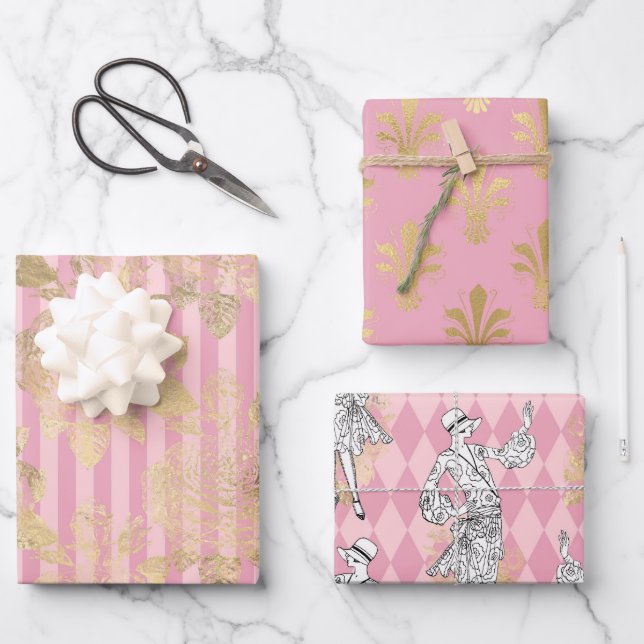 Feuille De Papier Cadeau Rose et or sur le thème de Paris (Recto)