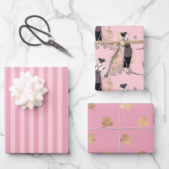 Feuille De Papier Cadeau Rose et or sur le thème de Paris (Recto)