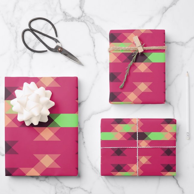 Feuille De Papier Cadeau rose et vert géométrique (Recto)