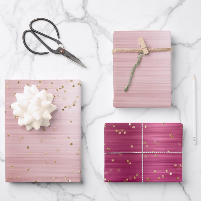 Feuille De Papier Cadeau Rose Féminin Rose Pailleté Or Confettis  (Recto)