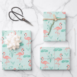 Feuille De Papier Cadeau Rose flamant rose vert tropical oiseaux tendance