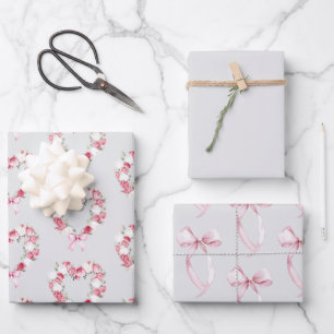 Feuille De Papier Cadeau Rose florale grise rose cœur mariage  