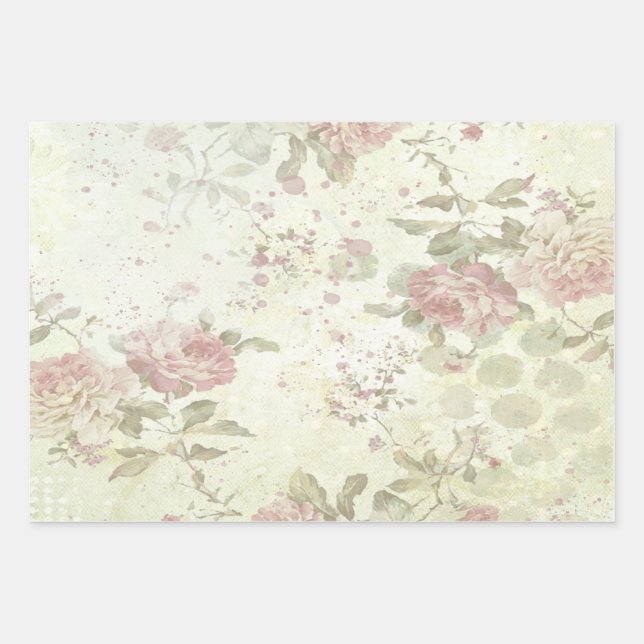 Feuille De Papier Cadeau Rose Florale Rose Chic Usé (Devant)