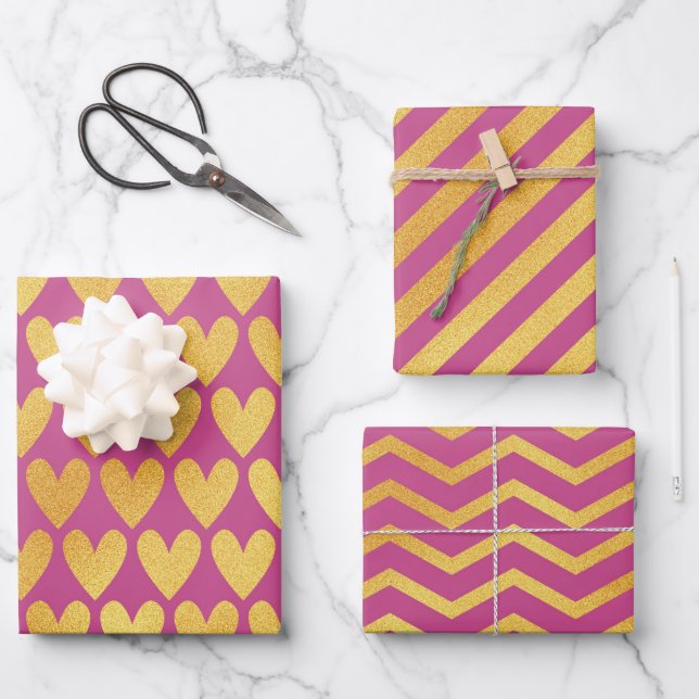 Feuille De Papier Cadeau Rose foncé avec Motifs couleur or (Recto)