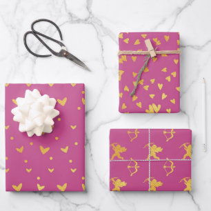 Feuille De Papier Cadeau Rose foncé avec Motifs couleur or