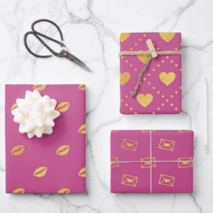 Feuille De Papier Cadeau Rose foncé avec Motifs couleur or