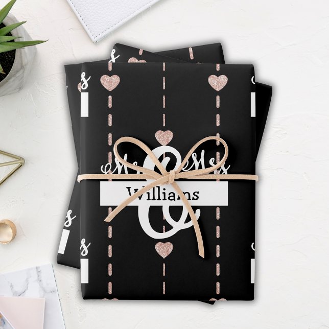 Feuille De Papier Cadeau Rose Gold Heart Motif M & Mme Nom Mariage (Créateur téléchargé)