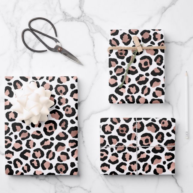 Feuille De Papier Cadeau Rose Gold Imprimé Léopard Noir Tendance  (Recto)