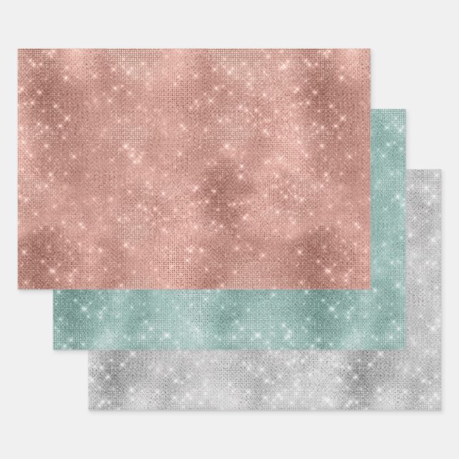 Feuille De Papier Cadeau Rose Gold Mint Silver Sparkle Glitz (Lot)
